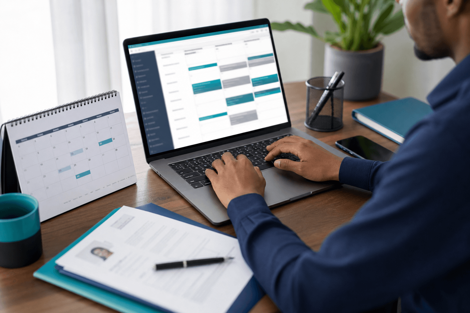 Remote hiring workflow with laptop and interview scheduling notes
