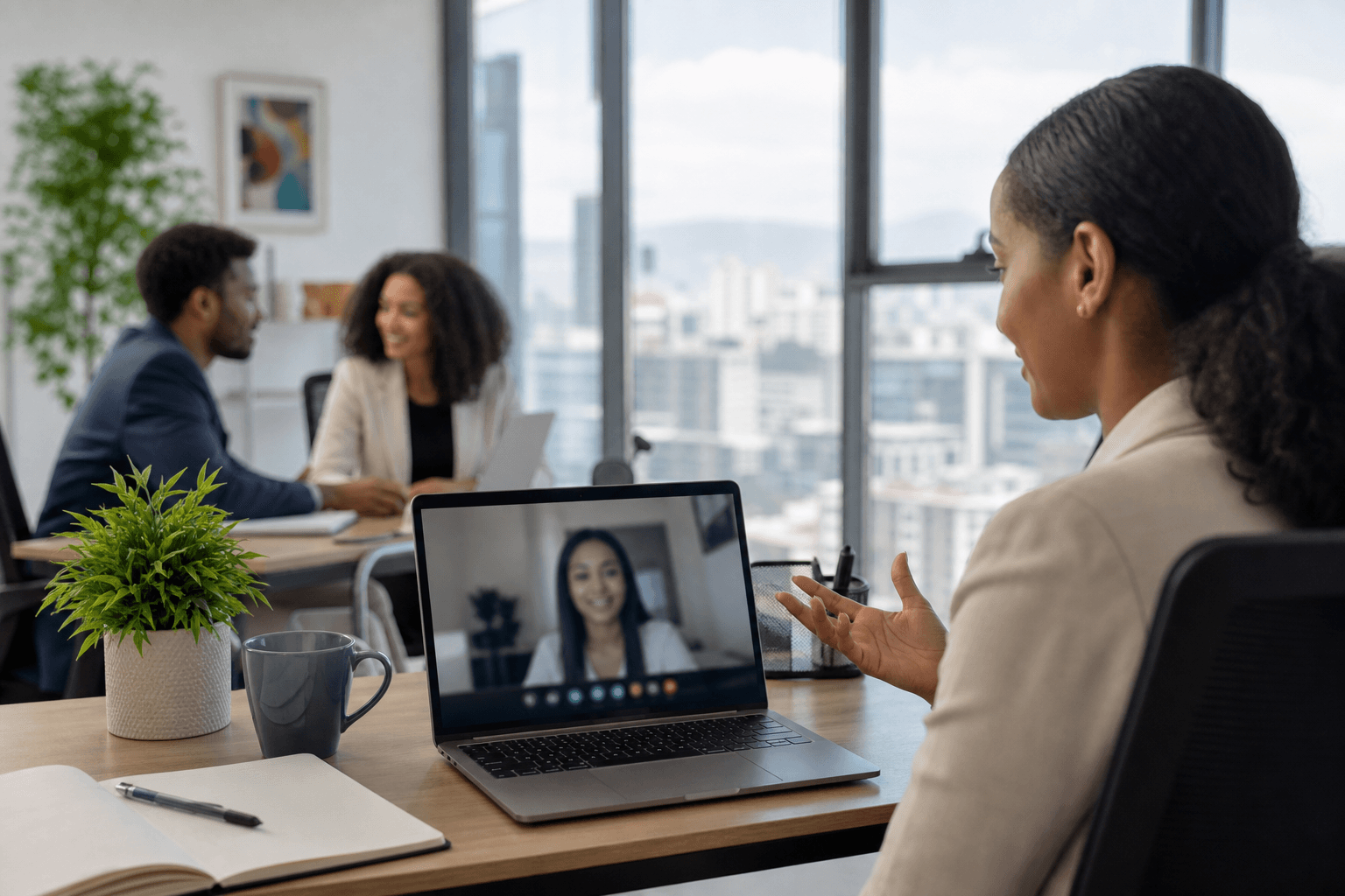 Hybrid work combining office collaboration and remote meeting tools