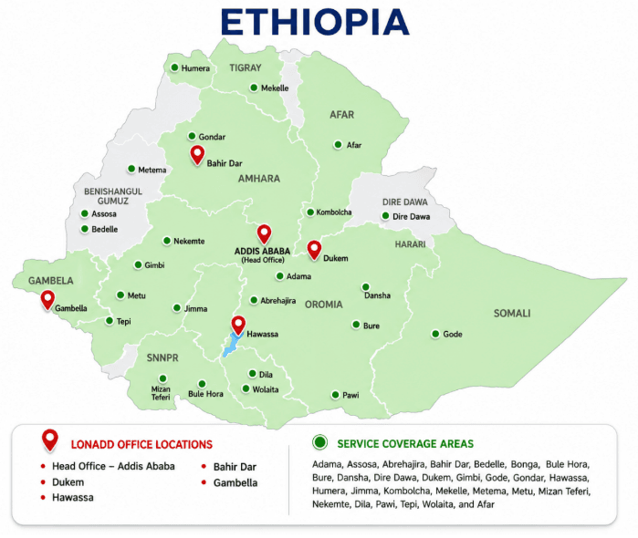 Map of Ethiopia showing LonAdd office locations and service coverage areas