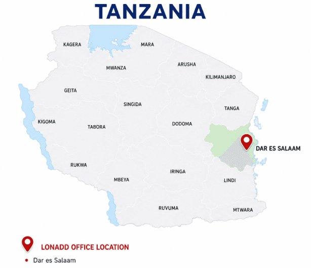 Map of Tanzania showing LonAdd office location in Dar es Salaam