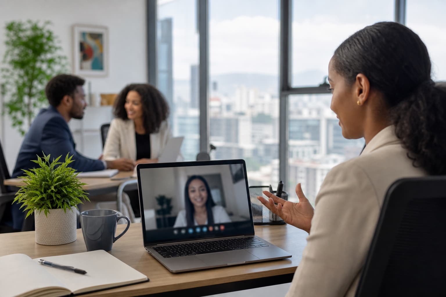 Local HR team connecting with an international partner over a video call